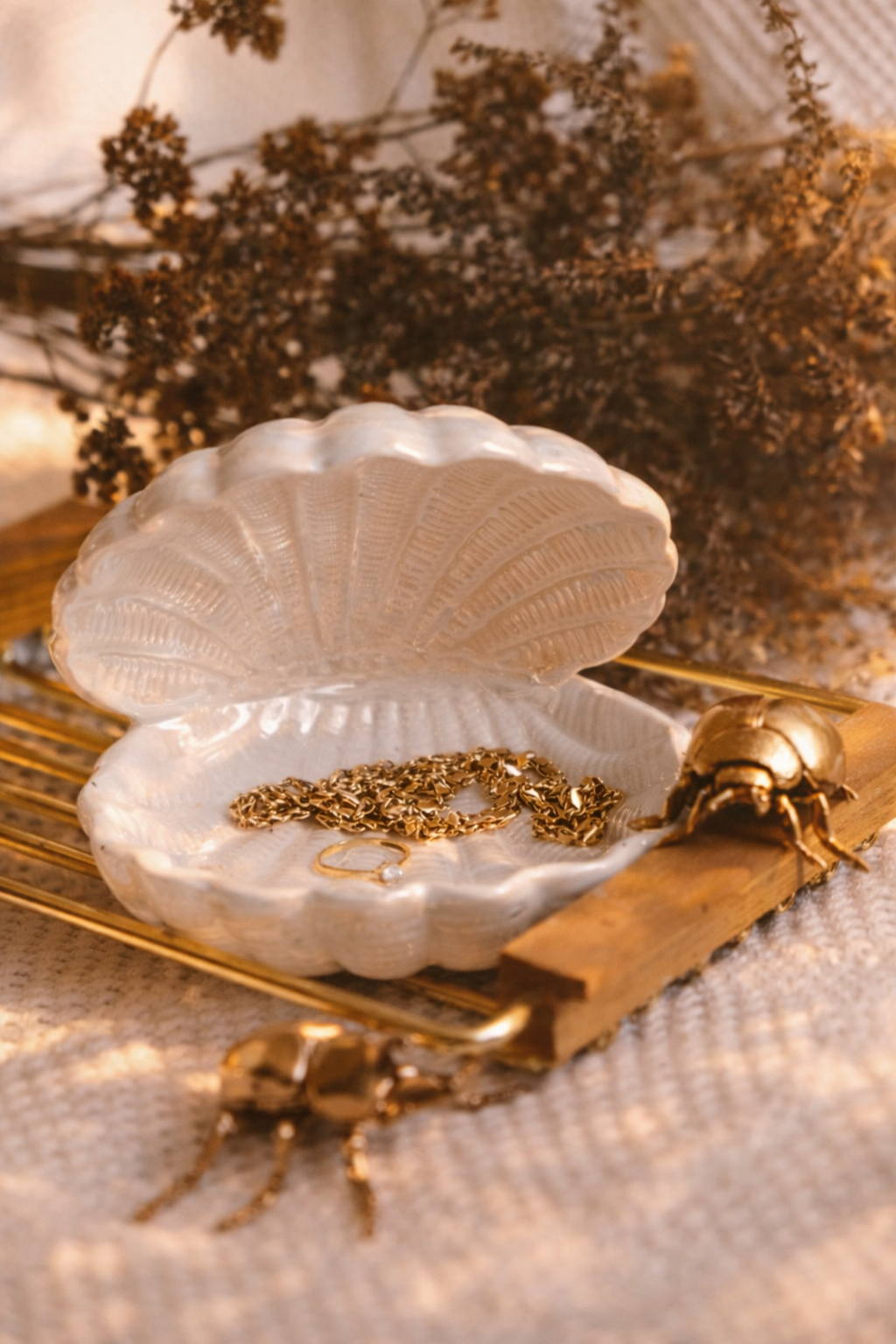 coquillage doré et scarabée en métal